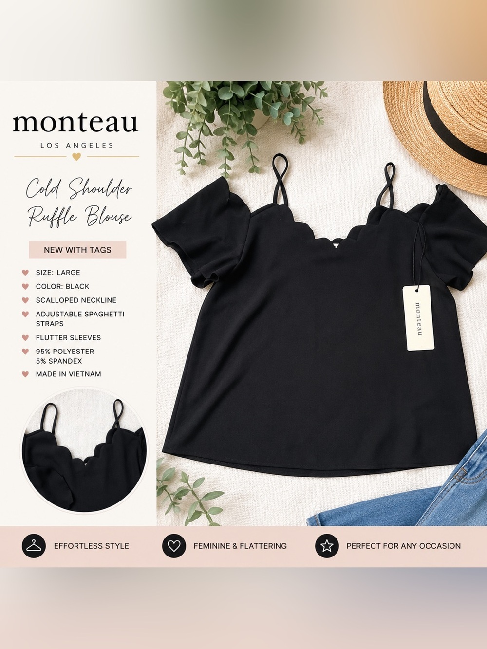 NWT Monteau Los Angeles Black Cold Shoulder Ruffle Blouse Size Large